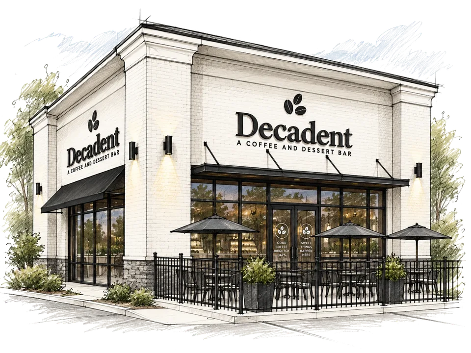 Sketch of a Decadent Coffee and Dessert Bar storefront with a fenced outdoor patio and umbrellas