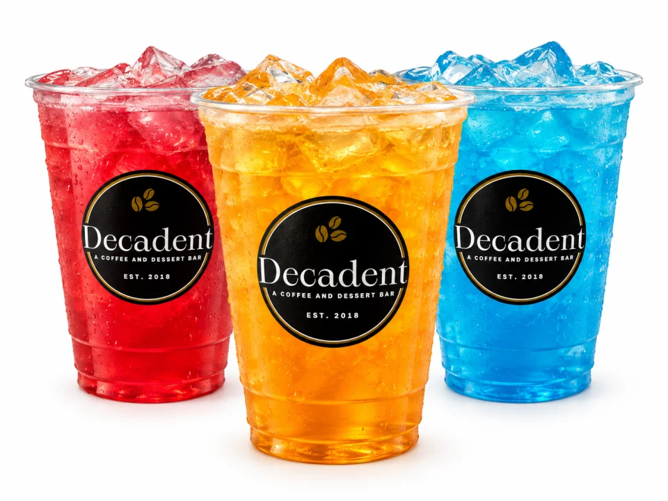Red, orange, and blue iced energy refreshers in Decadent cups