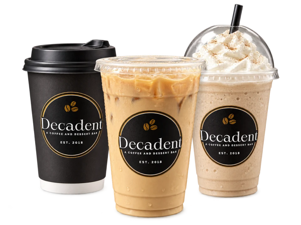 Three Decadent drinks: a hot coffee, an iced coffee, and a blended drink topped with whipped cream