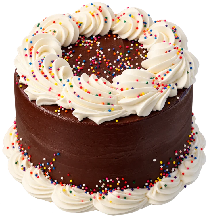 Chocolate layer cake with white frosting and rainbow sprinkles