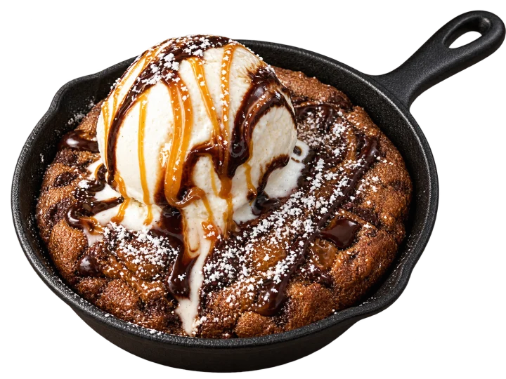 Skillet dessert topped with vanilla ice cream and chocolate and caramel drizzle